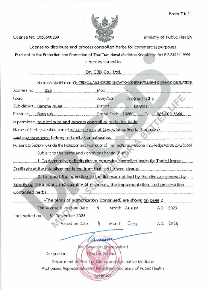 License to distribute and process controlled herbs for commercial purposes (T K )