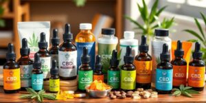 Various CBD products on a wooden table.