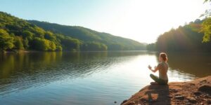 Person by calm lake practicing mindfulness in nature.